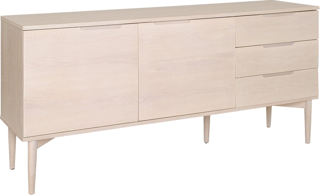 161 x 41 H: 76 cm, hvitpigmentert eikefiner, 2 dører og 3 skuffer