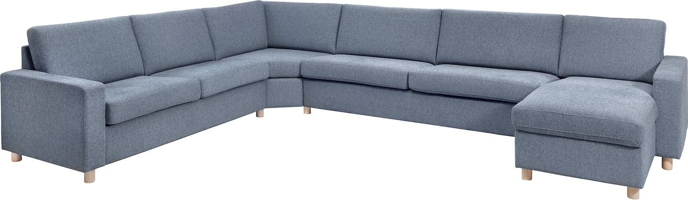 Modulsofa. 2,5 seter + stort hjørne + 3 seter + sjeselong i stoff Atlas, armlene J.